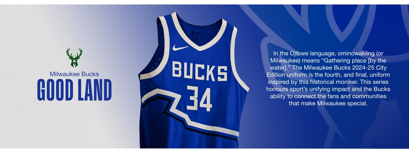 GOOD LAND. In the Ojibwe language, ominowakiing (or Milwaukee) means “Gathering place [by the water].” The Milwaukee Bucks 2024-25 City Edition uniform is the fourth, and final, uniform inspired by this historical moniker. This series honours sport’s unifying impact and the Bucks ability to connect the fans and communities that make Milwaukee special.